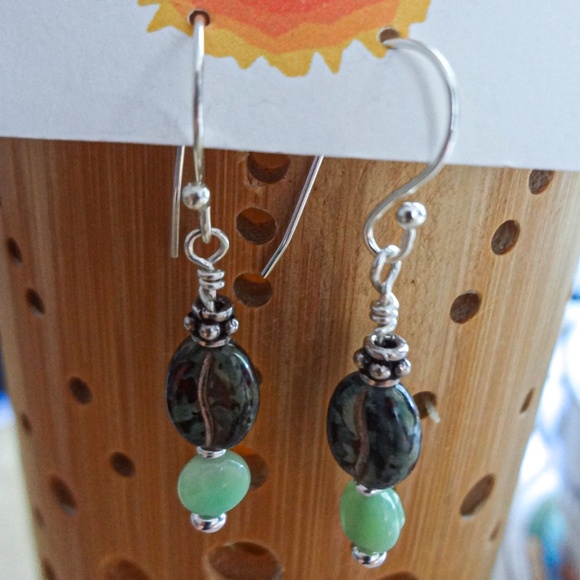 Coffee Bean Beads with Moss Opal and Sterling Silver Earrings - Picture 2 of 4